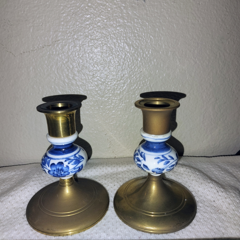 Elegant Blue and Brass Candlestick Holders